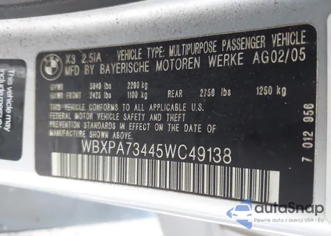 2005 BMW X3 2.5I from USA, damaged, VIN WBXPA73445WC49138